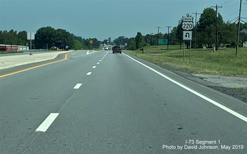 Image of US 220 South turnaround trailblazer at first intersection after end of I-73 in Rockingham County, by David Andrews