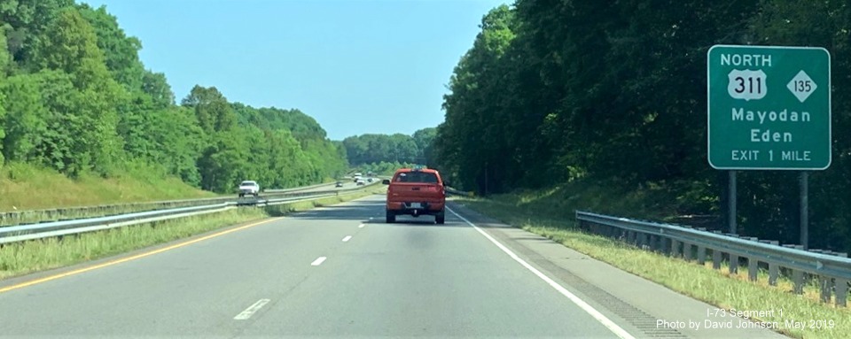 Image of ground mounted 1-mile advance sign for North US 311/NC 135 exit on US 220 North in Mayodan, by David Johnson