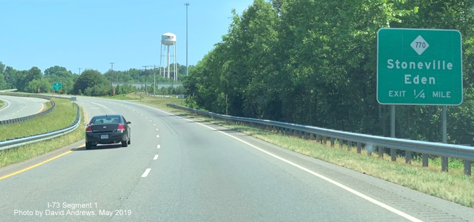 Image of 1/4 mile advance sign for NC 770 exit in Stoneville, by David Johnson