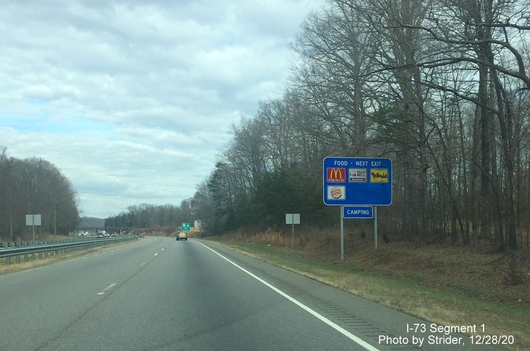 Image of new blue services sign for US 311 North exit on I-73/US 220 North in Stoneville, by Strider, December 2020