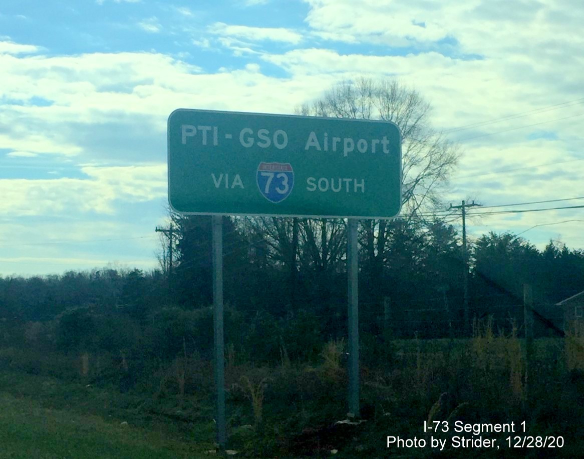 Image of new guide sign for PTI Airport exit on US 220 South in Stokesdale, by Strider, December 2020