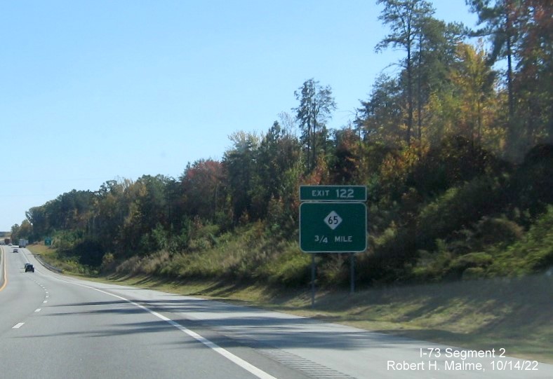 Image of 3/4 Mile advance sign for NC 65 exit on I-73 South in Rockingham County, October 2022