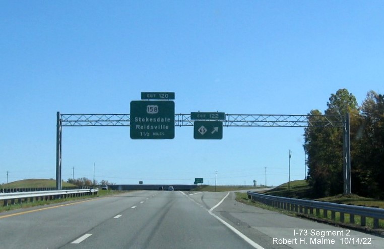 Image of overhead signage at NC 65 exit on I-73 South in Stokesdale, Rockingham County, October 2022