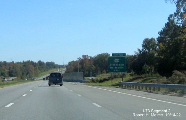 Image of 1 mile advance sign for the US 158 exit on I-73 South in Stokesdale, Rockingham County, October 2022