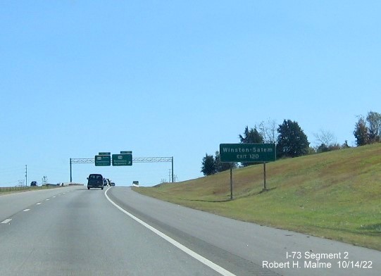 Image of auxiliary sign for the US 158 exit on I-73 South in Stokesdale, Rockingham County, October 2022