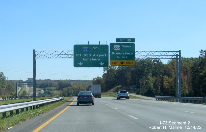 Image of 1/2 mile advance overhead sign for US 220 exit on I-73 South in Rockingham County, October 2022