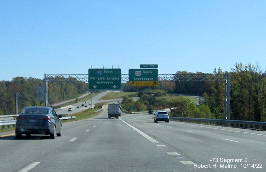 Image of overhead sign at NC 68 exit at start of I-73 South in Rockingham County, October 2022