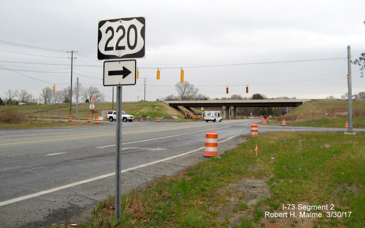 Image of US 220 trailblazer along US 158 East approaching under construction interchange with Future I-73 in Guilford County
