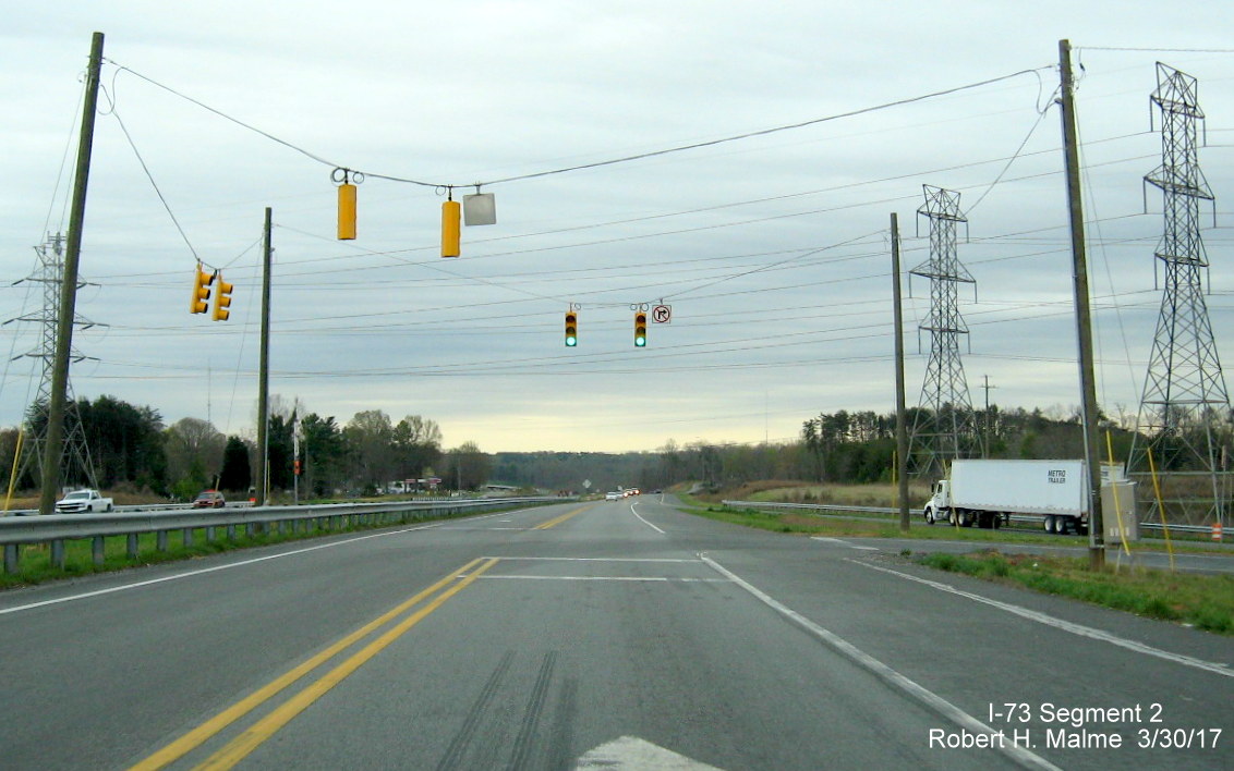 Image of view of temporary traffic lights allowing US 158 traffic to access US 220 North in Guilford County