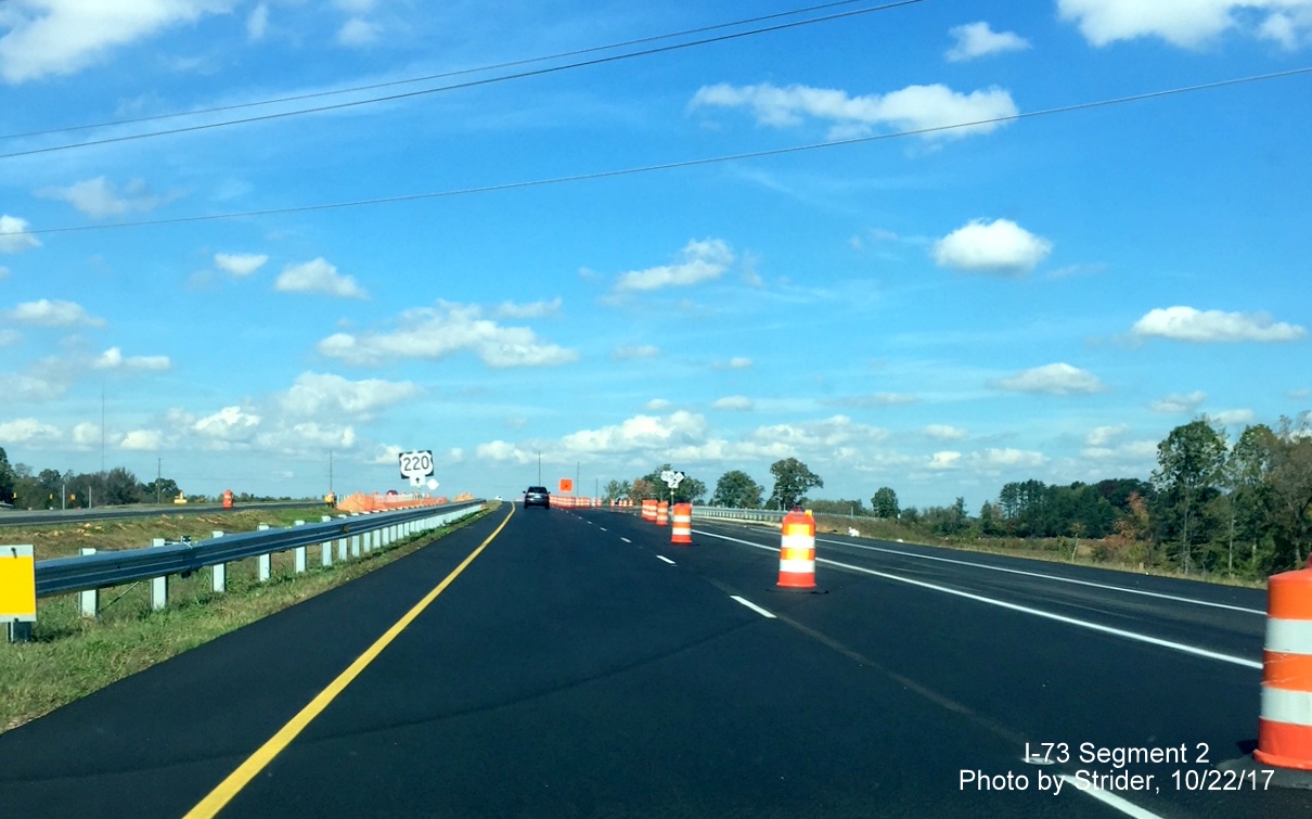 Image of US 220 highway north with completed I-73 roadway approaching US 158 exit ramp in Summerfield, by Strider