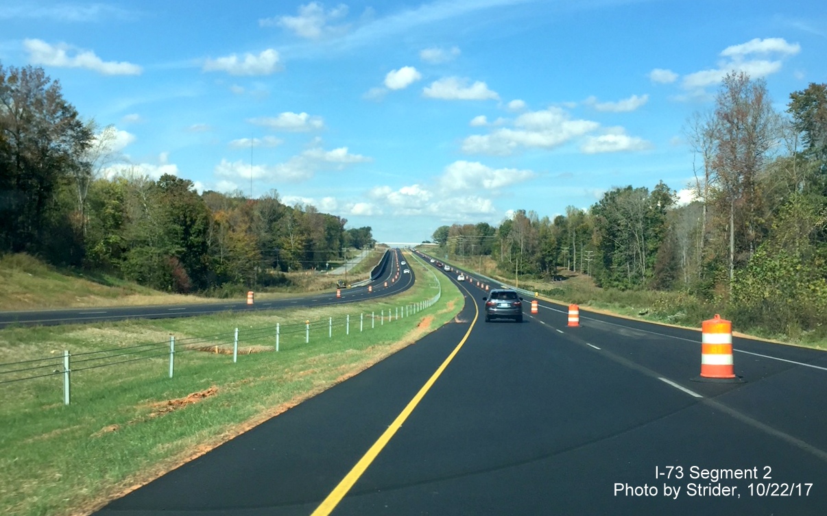 Image of US 220 highway north and completed I-73 lanes approaching NC 65 exit, by Strider