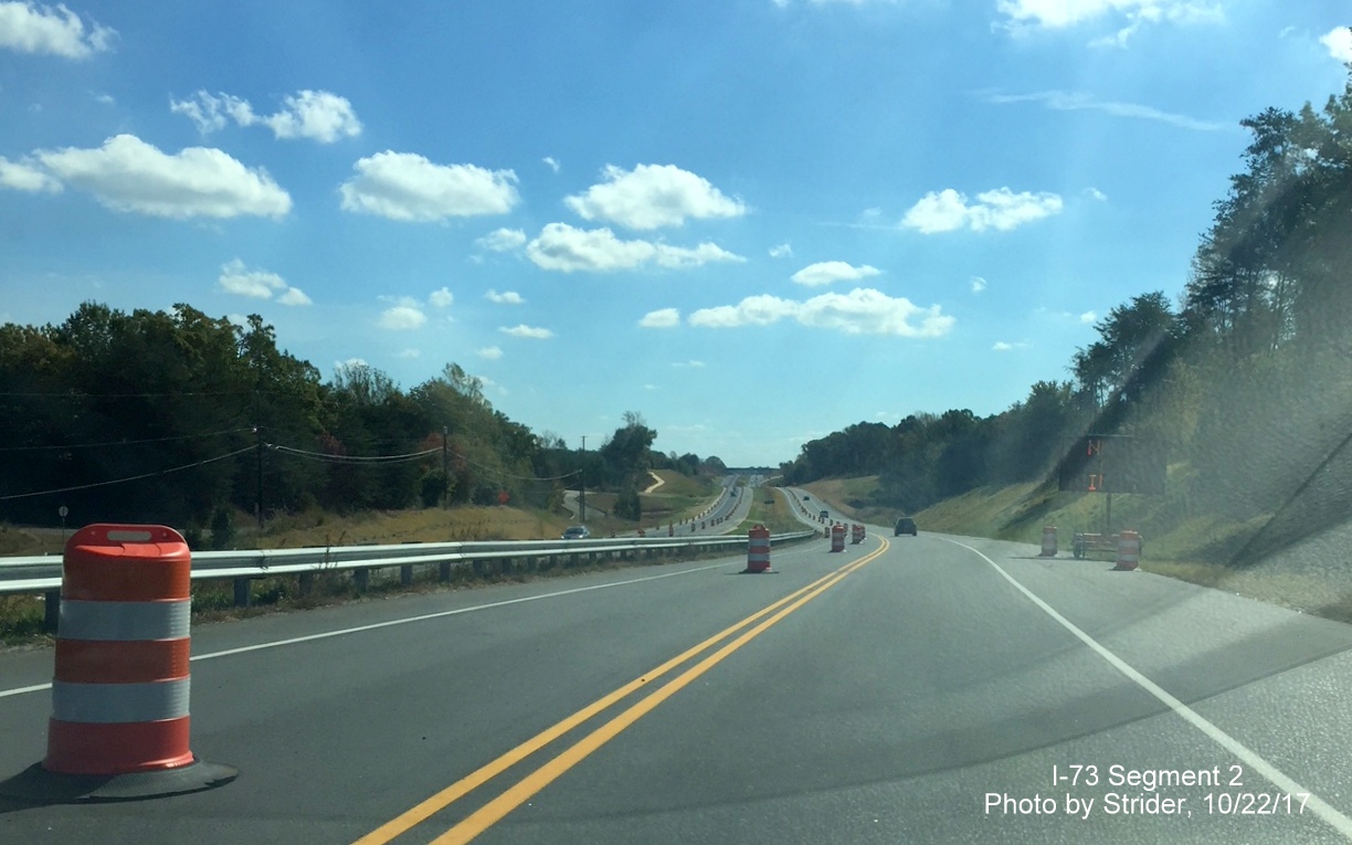 Image of US 220 South roadway after NC 68 exit in Rockingham County with lines still painted for former 2-lane roadway, by Strider