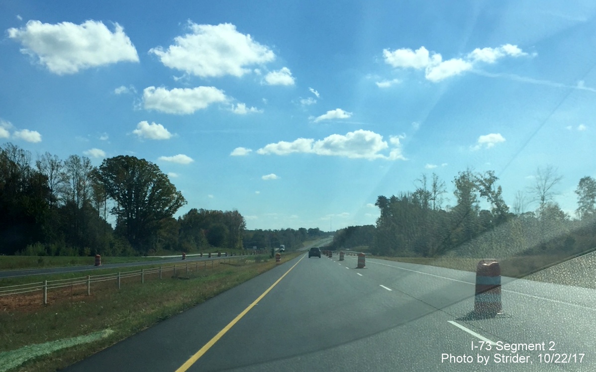 Image of US 220 South just after NC 65 exit showing construction progress on Future I-73 South lanes in Summerfield, by Strider