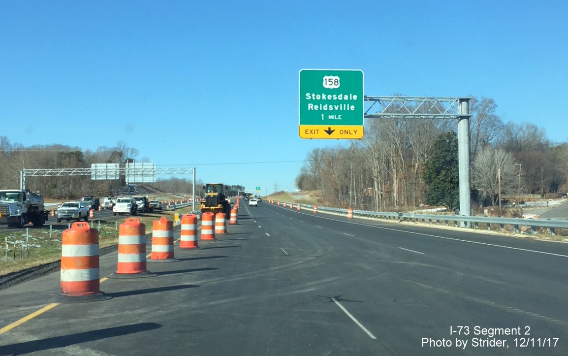 Image of newly placed overhead 1-Mile advance sign for US 158 exit on US 220/Future I-73 North in Summerfield, by Strider