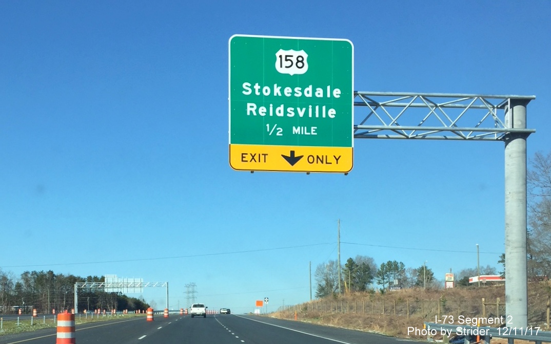 Image of new overhead 1/2 mile advance sign for US 158 on US 220/Future I-73 North in Summerfield, by Strider