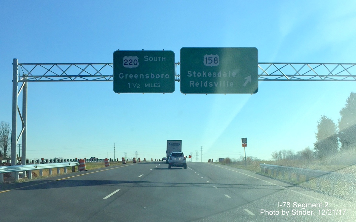 Image of newly place overhead signs for US 158 and US 220 exits on US 220/Future I-73 North in Stokesdale, by Strider