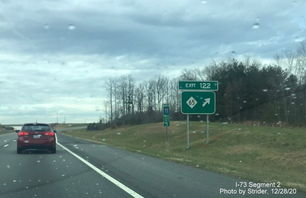 Image of new ground mounted exit sign for NC 65 on I-73/US 220 North in Stokesdale, by Strider, December 2020