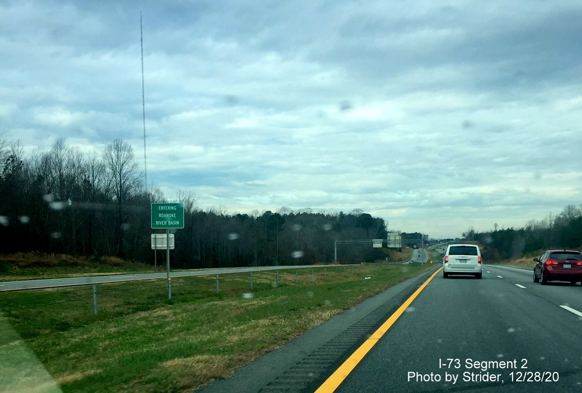 Image of median sign informing drivers of Entering the Roanoke River basin on I-73/US 220 North in Stokesdale, by Strider, December 2020