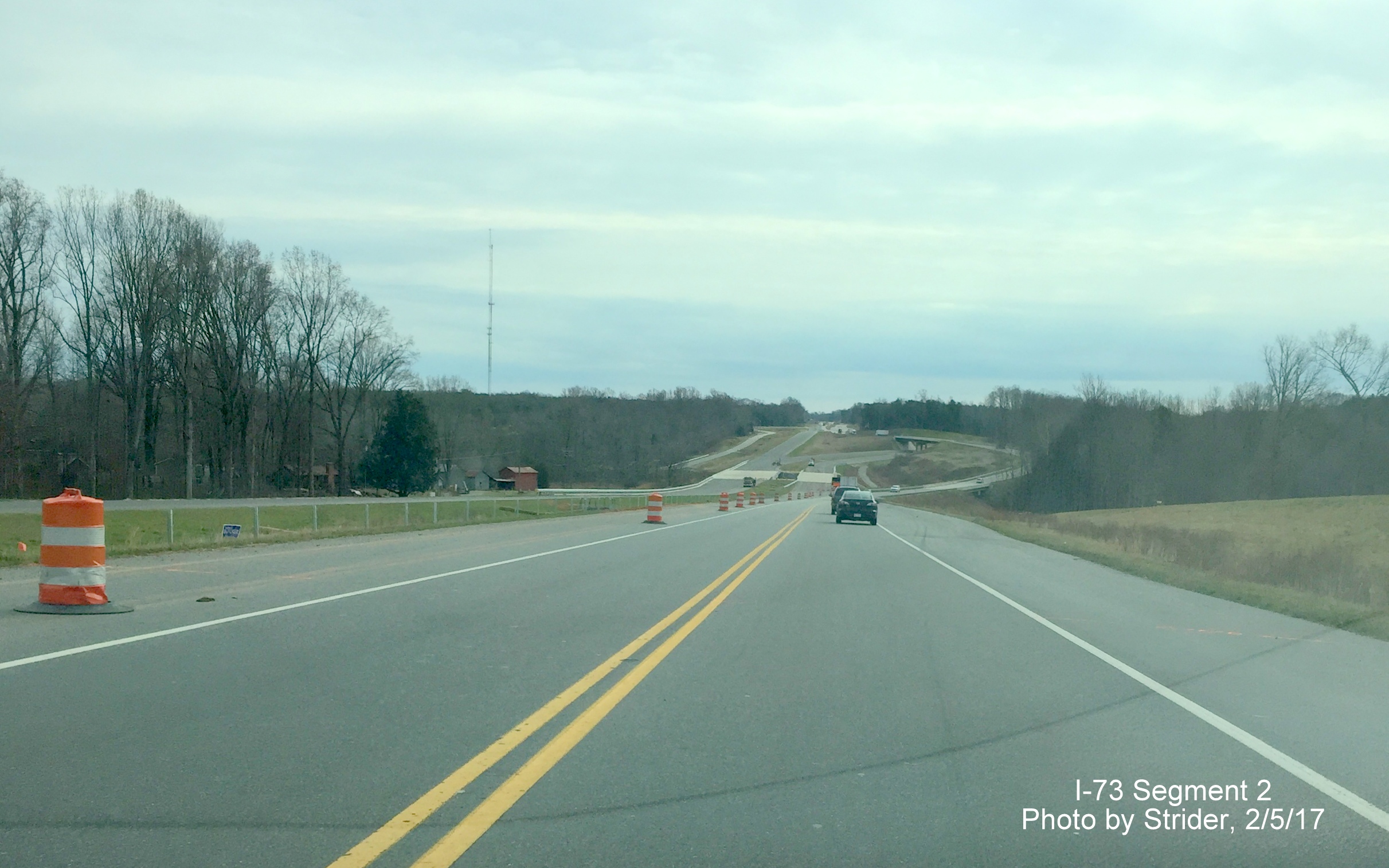 Image of view looking south on US 220 approaching future interchange with I-73 across the Haw River, from Strider