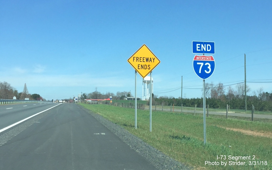 Image of newly placed End (North) I-73 beyond merge with NC 68 north on US 220 North in Rockingham County, by Strider