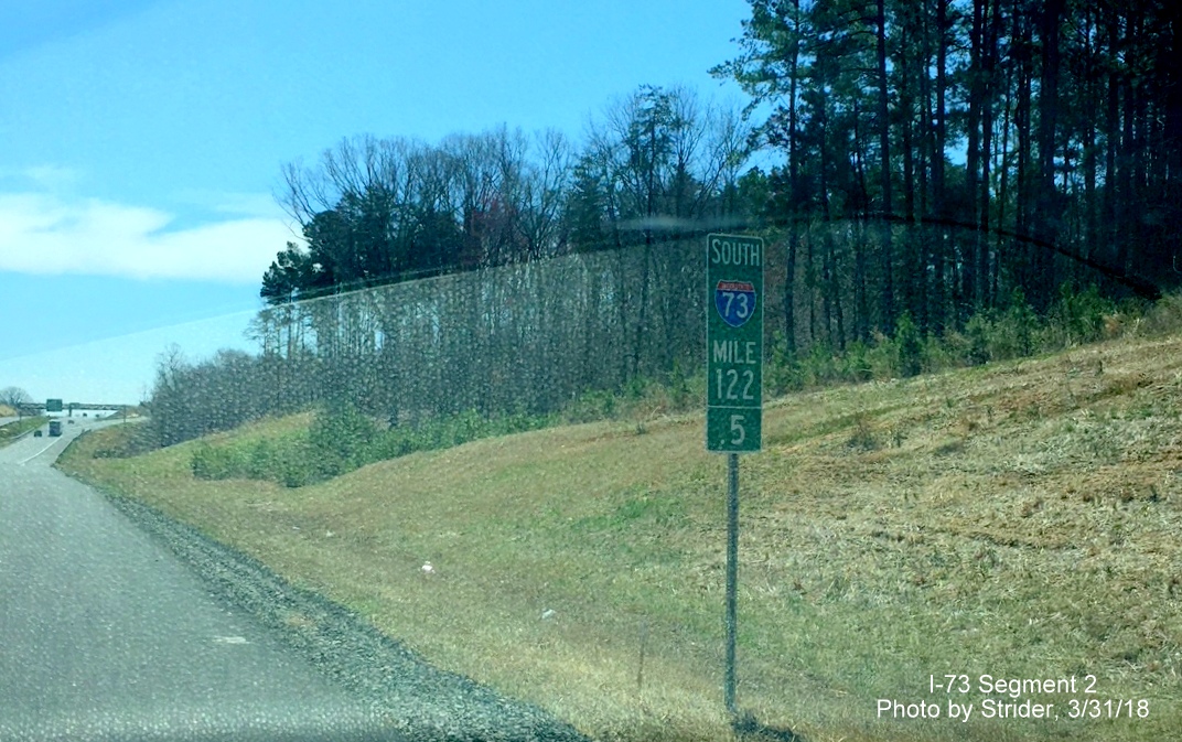 Image of newly placed I-73 milemarker approaching NC 65 exit near Stokesdale, by Strider