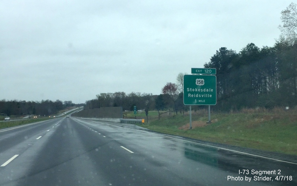Image of 1-mile advance sign for US 158 exit with new Exit 120 tab on I-73/US 220 North in Summerfield, by Strider