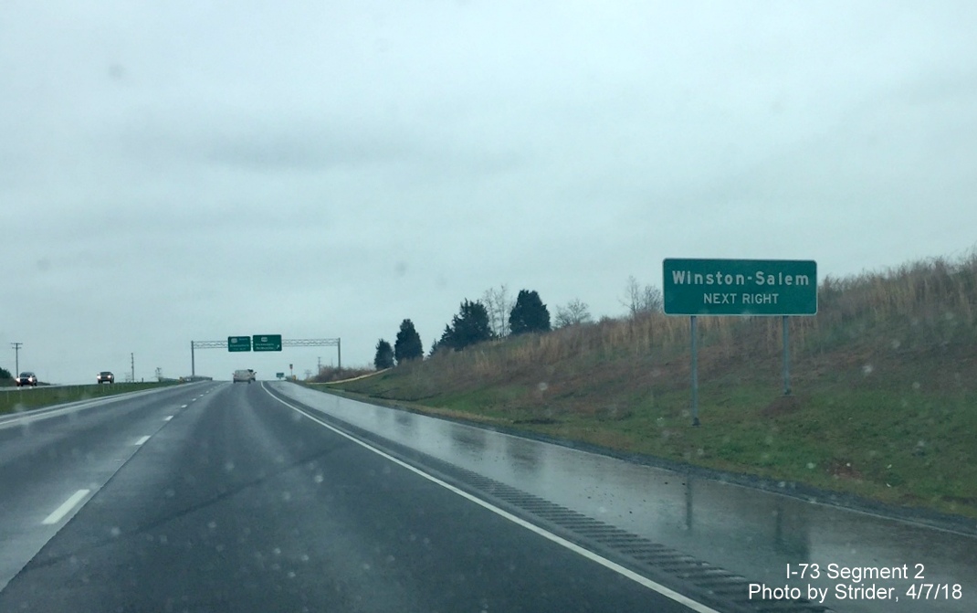 Image of newly installed auxiliary sign with destination of Winston-Salem for US 158 exit on I-73/US 220 South in Summerfield, by Strider