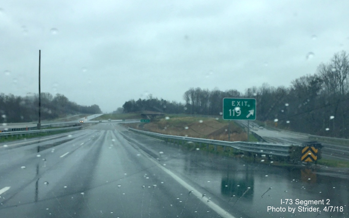 Image of newly installed Exit 119 gore sign for US 220 South exit on I-73 South in Summerfield, by Strider