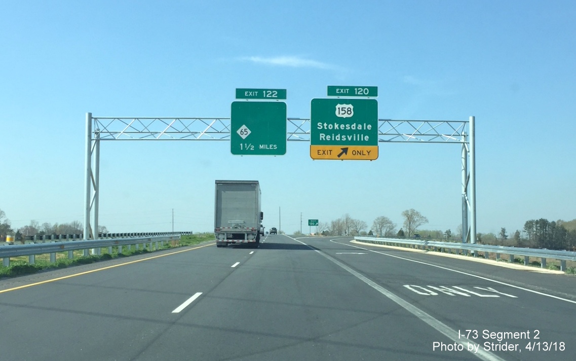 Image of overhead signs at US 158 exit on I-73/US 220 North near Stokesdale now with exit number tabs, by Strider