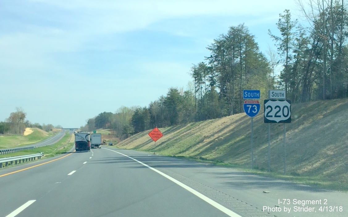 Image of I-73 and US 220 south reassurance markers beyond NC 68 South exit in Rockingham County, by Strider