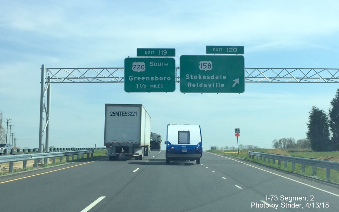 Image of previously placed overhead signage at US 158 exit on I-73/US 220 South near Stokesdale now with exit number tabs, by Strider
