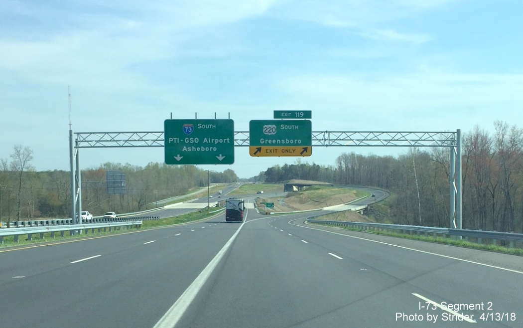 Image of overhead signage at ramp to US 220 South on I-73 South in Summerfield, now with new exit number tabs, by Strider