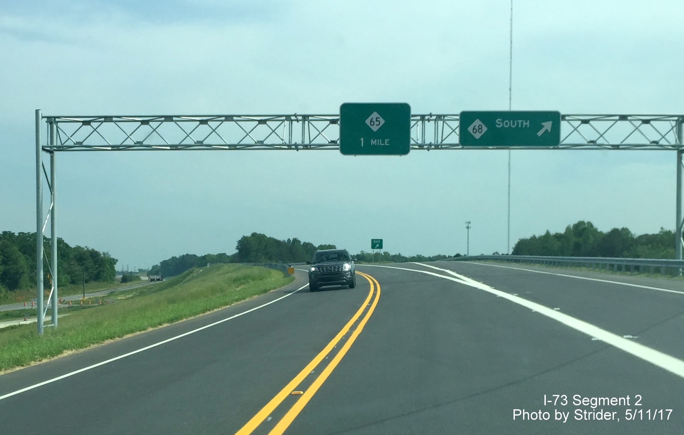 Image taken of overhead exit signage above US 220/Future I-73 South at NC 68 exit in Rockingham County, by Strider