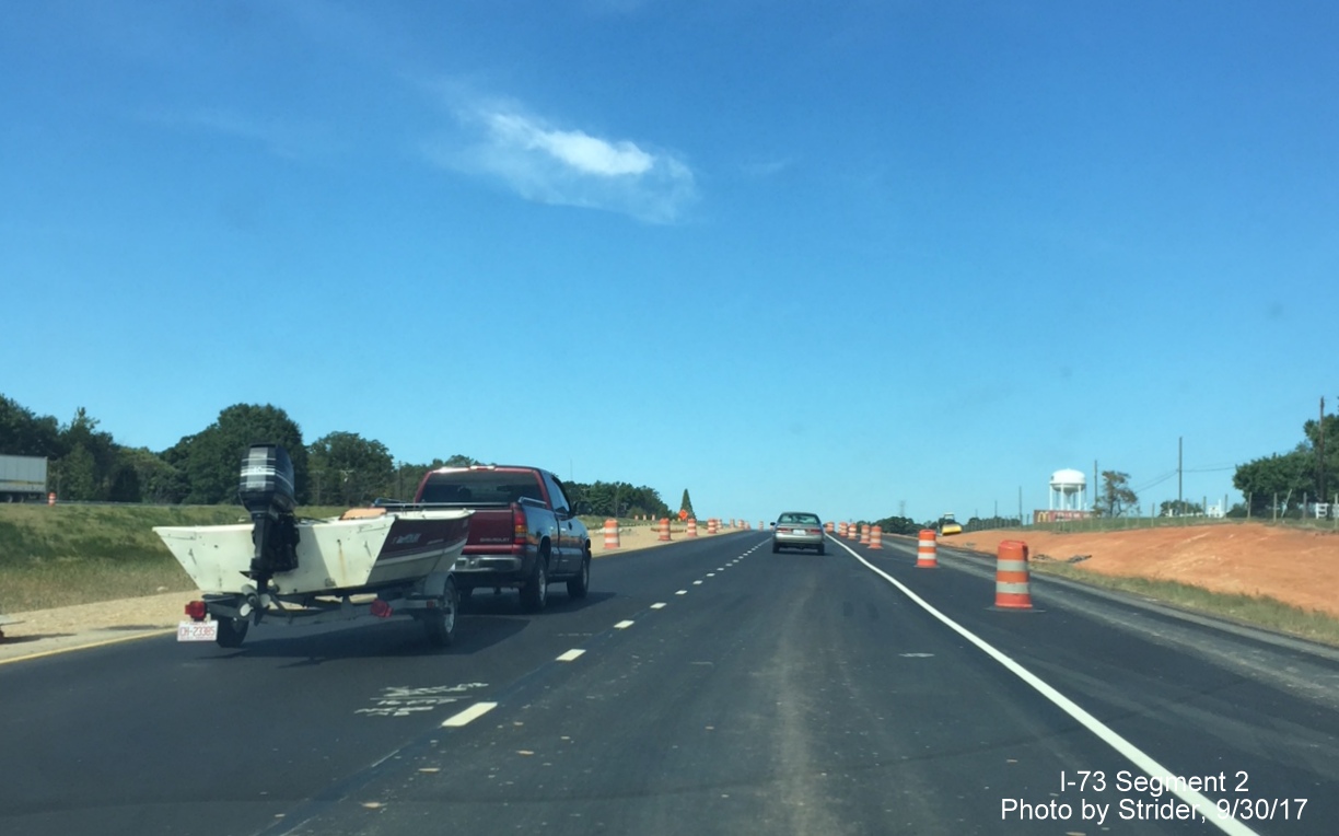 Image of US 220 North under construction at end of widening project work zone in Rockingham County, by Strider