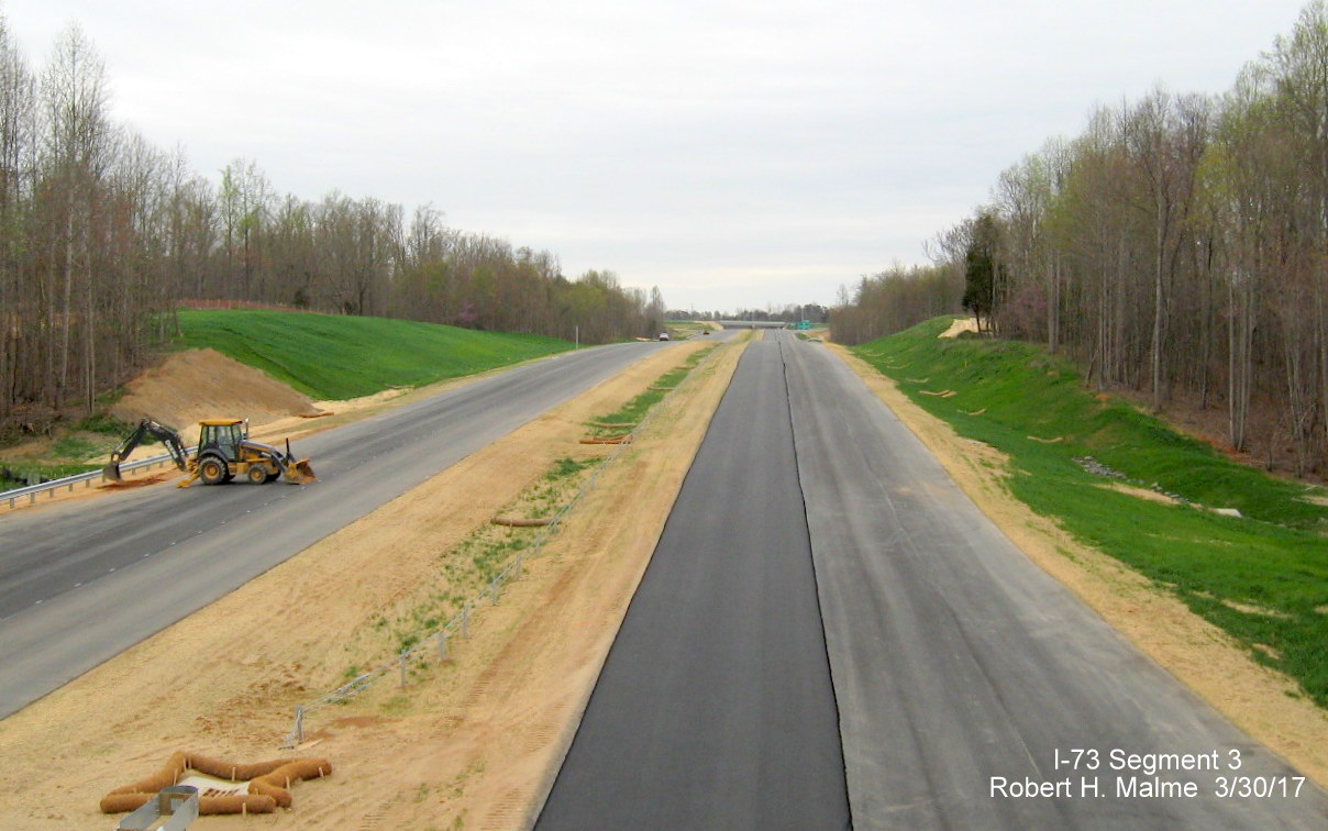 Image taken of view south from Deboe Rd bridge over future I-73 lanes under construction in Guilford County
