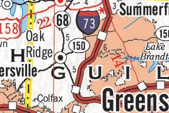 Portion of 2021-2022 NCDOT State Transportation Map showing I-73 Connector highway in Guilford County