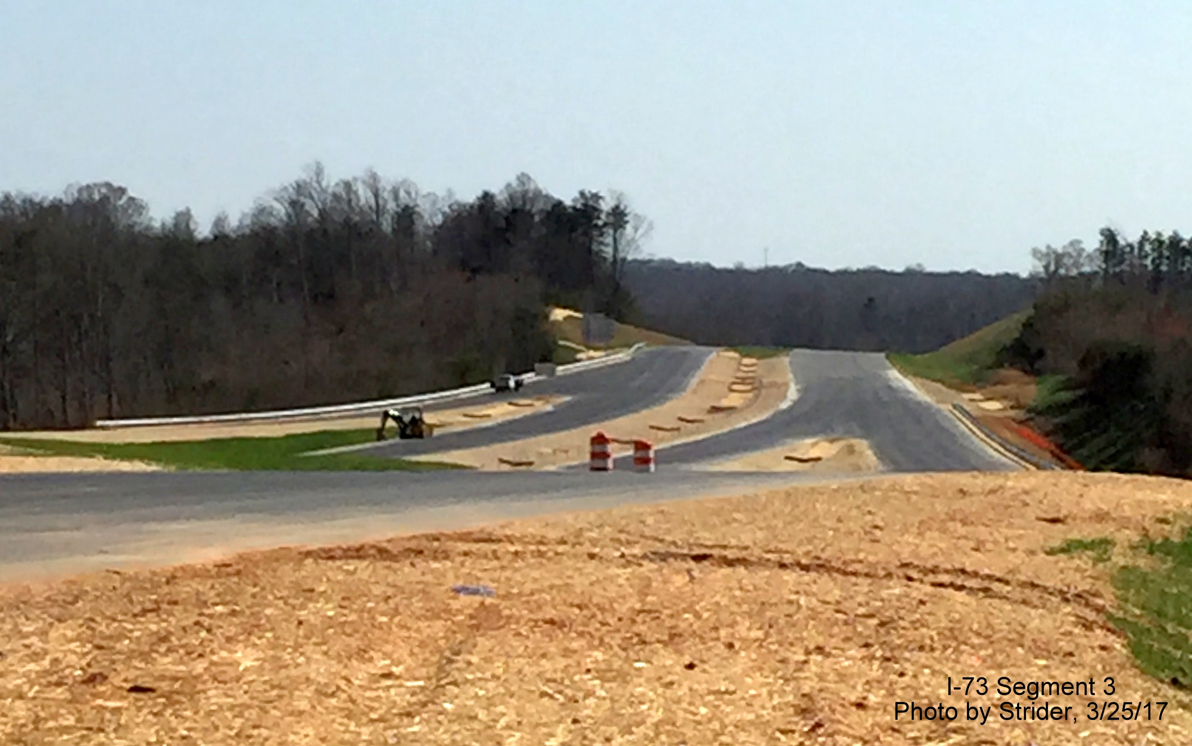 Image of view south at future NC 150 interchange with I-73 showing construction progress, by Strider
