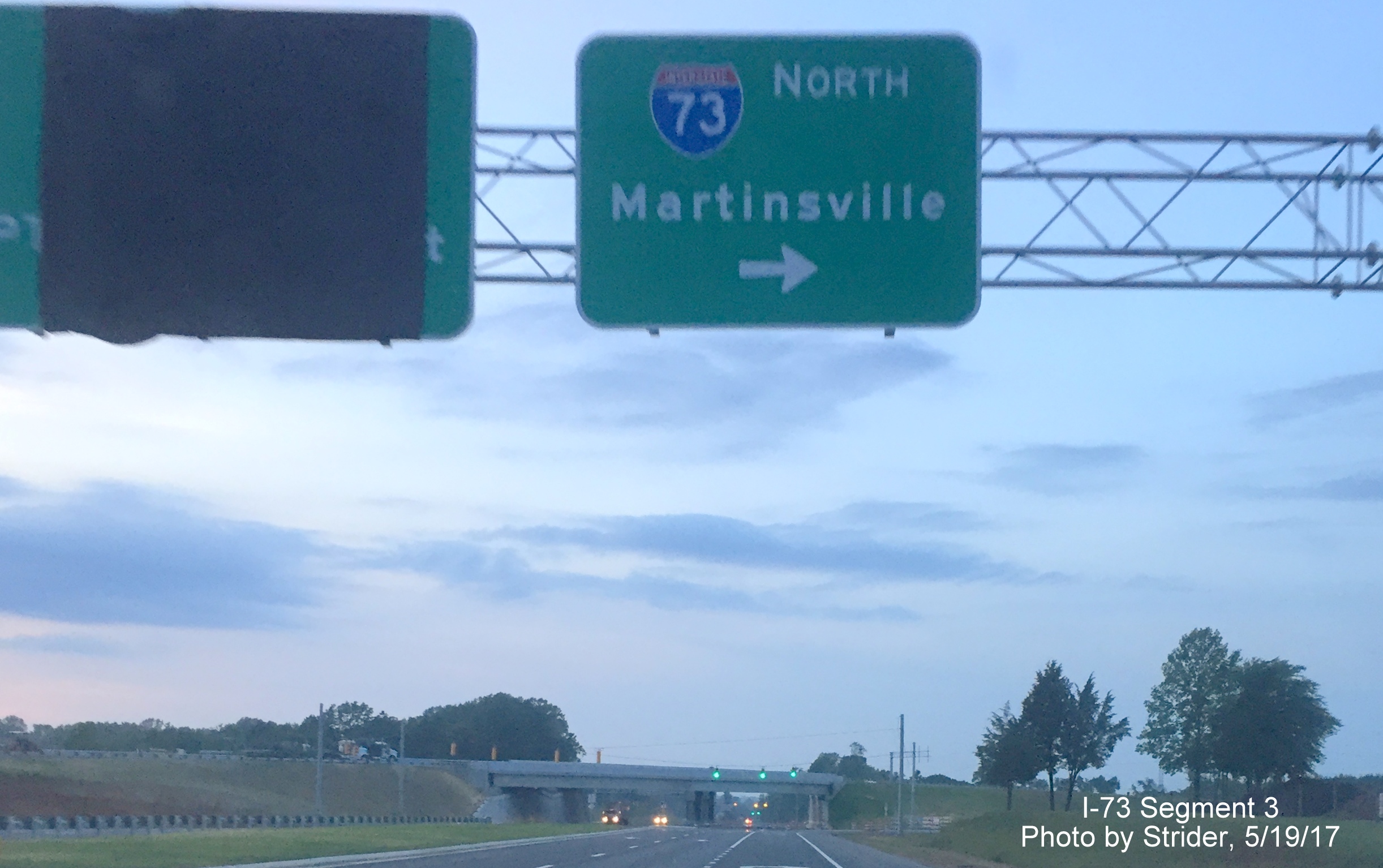 Image taken of overhead guide sign on NC 68 North directing traffic to the newly opened I-73 North, by Strider