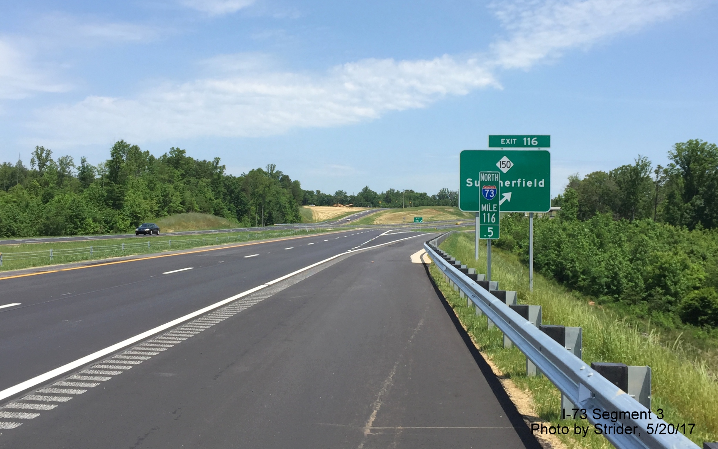 Image taken of NC 150 Exit sign just beyond Mile marker 116.5 on I-73 North in Summerfield, by Strider