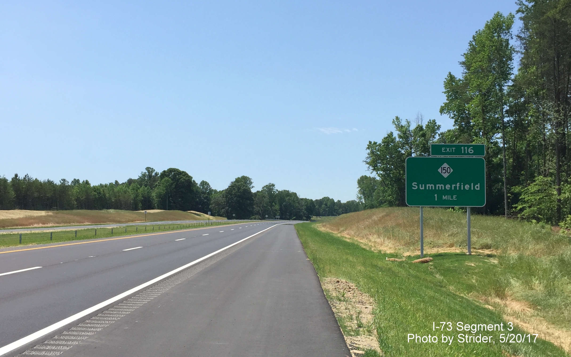 Image taken of NC 150 2 mile advance exit sign on newly opened I-73 South highway, by Strider