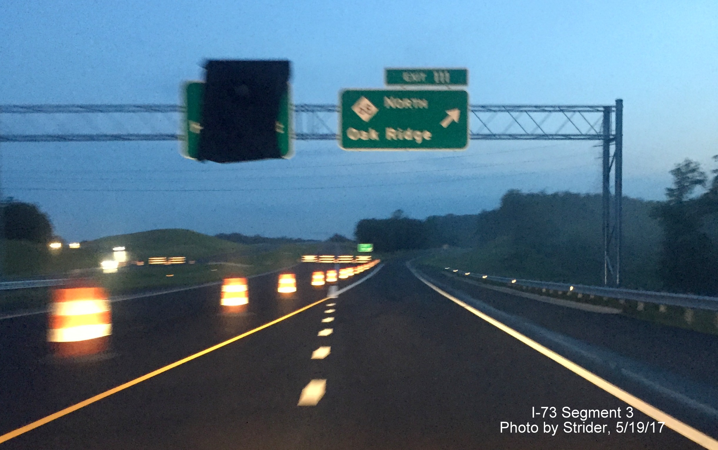 Image taken of overhead signage at temporary end to newly opened I-73 South highway north of Greensboro at NC 68, by Strider