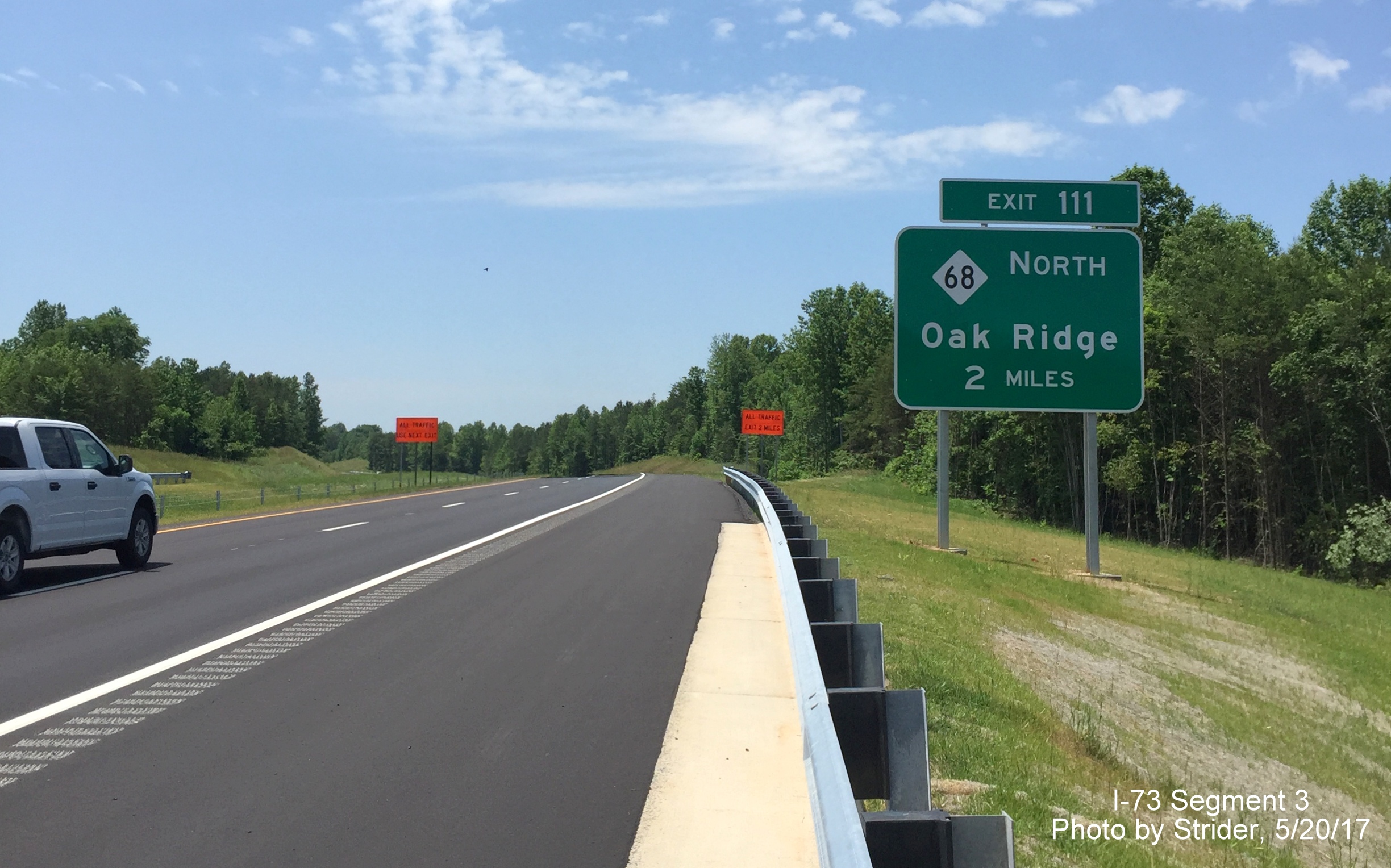 Image taken of first exit sign for NC 68 on newly opened I-73 South highway, by Strider