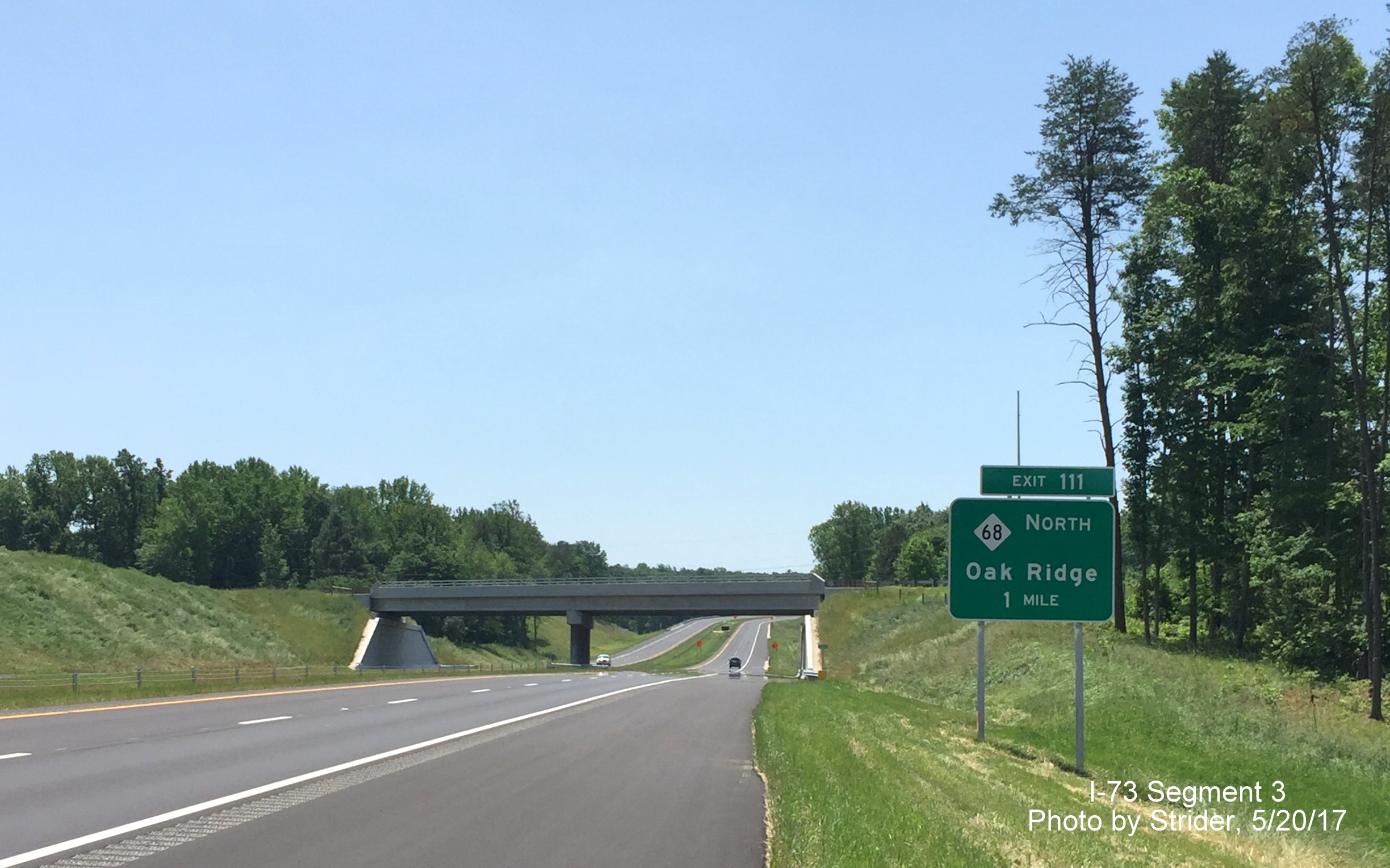 Image taken of 1-Mile Advance sign for NC 68 North exit on newly opened I-73 North highway north of Greensboro, by Strider