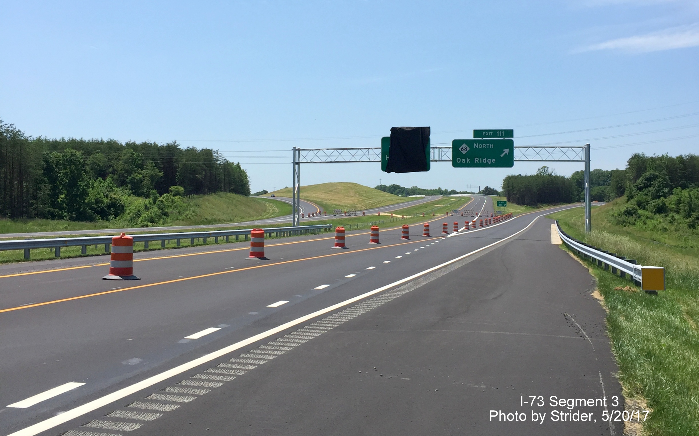 Image taken of overhead signage for NC 68 exit on newly opened I-73 South highway north of Greensboro, by Strider