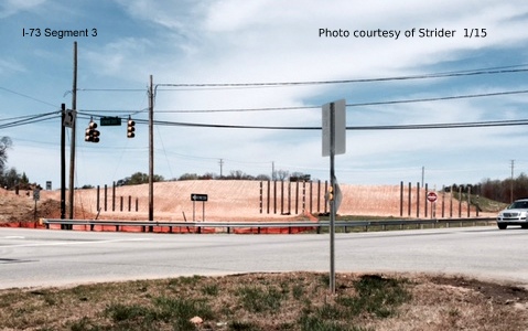 Image showing the intersection of Pleasant Ridge and NC 68 and construction of bridge 
piers for I-73, photo by Strider