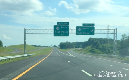 Image taken of signage at now open lanes of I-73 proceeding south from NC 68 North exit in Oak Ridge, by Strider