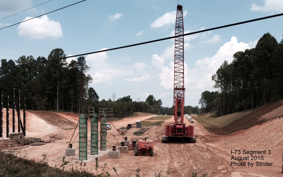 Image of Bridge piers being constructed at intersection of Alcorn Rd and NC 68 for 
I-73 Connector. Photo by Strider August 2015