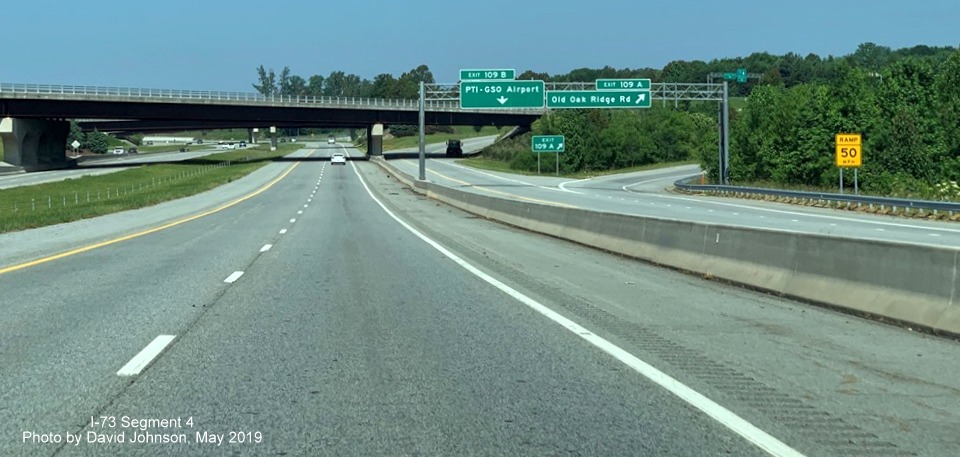 Image of C/D ramp signage from I-73 North along lanes for Old Oak Ridge Road/PTI Airport exit in Greensboro, by David Johnson