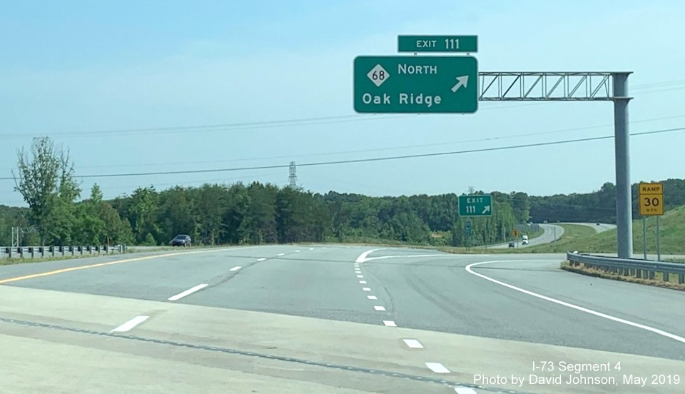 Image of overhead ramp sign for NC 68 North exit on I-73 North in Oak Ridge, by David Johnson