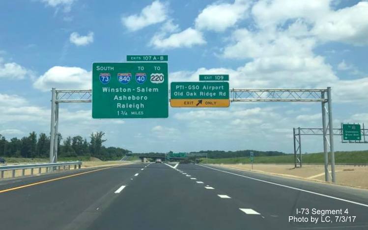 View of first Greensboro Loop exit sign approaching PTI Airport exit on I-73 South in Greensboro, by Strider